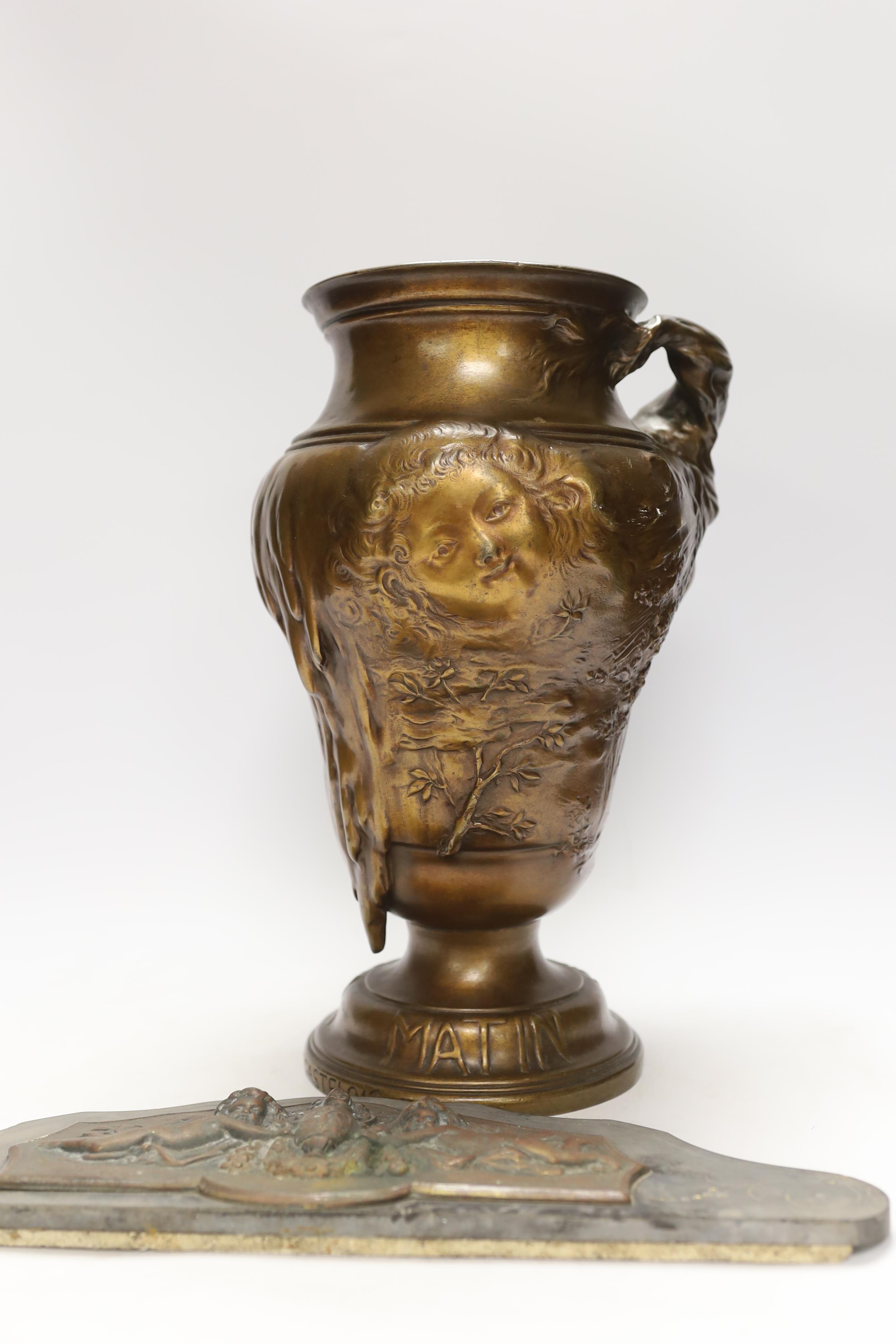 A Jules Prosper Legastelois bronze figural Art Nouveau vase and a slate pediment decorated with two putti, the vase signed, 34cm high